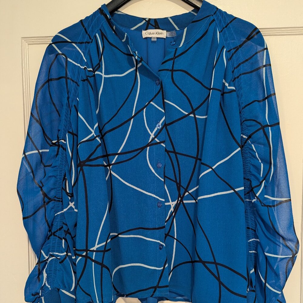 Calvin Klein Blouse, Beautiful Blue with White & Black Stripes, Size L